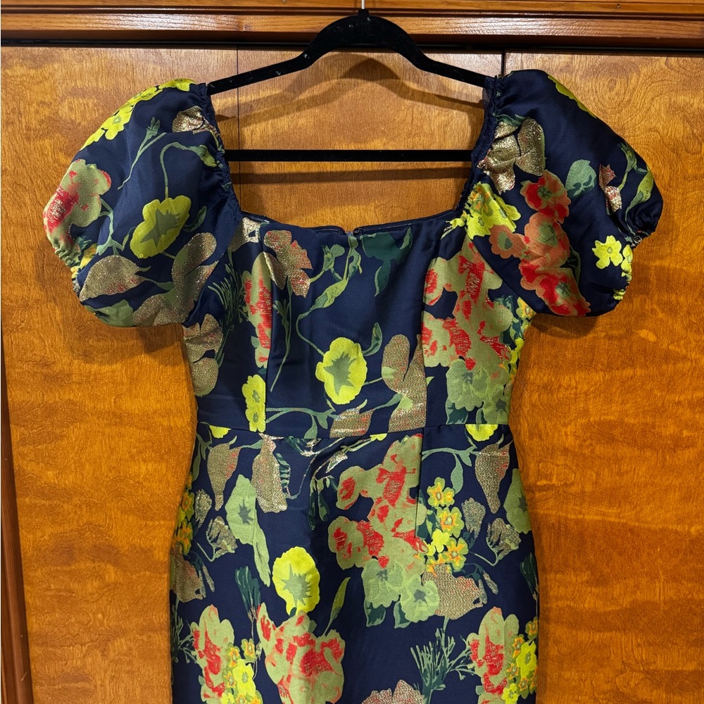 Lulus Navy Floral Jacquard Puff Sleeve Mini Dress Size L Wedding Guest